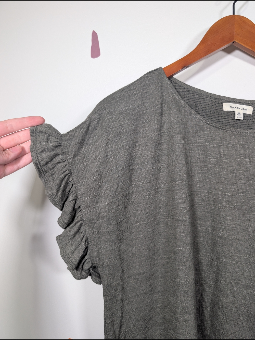 Max Studio Olive Green Ruffle Short Sleeve Top - Picture 2 of 6